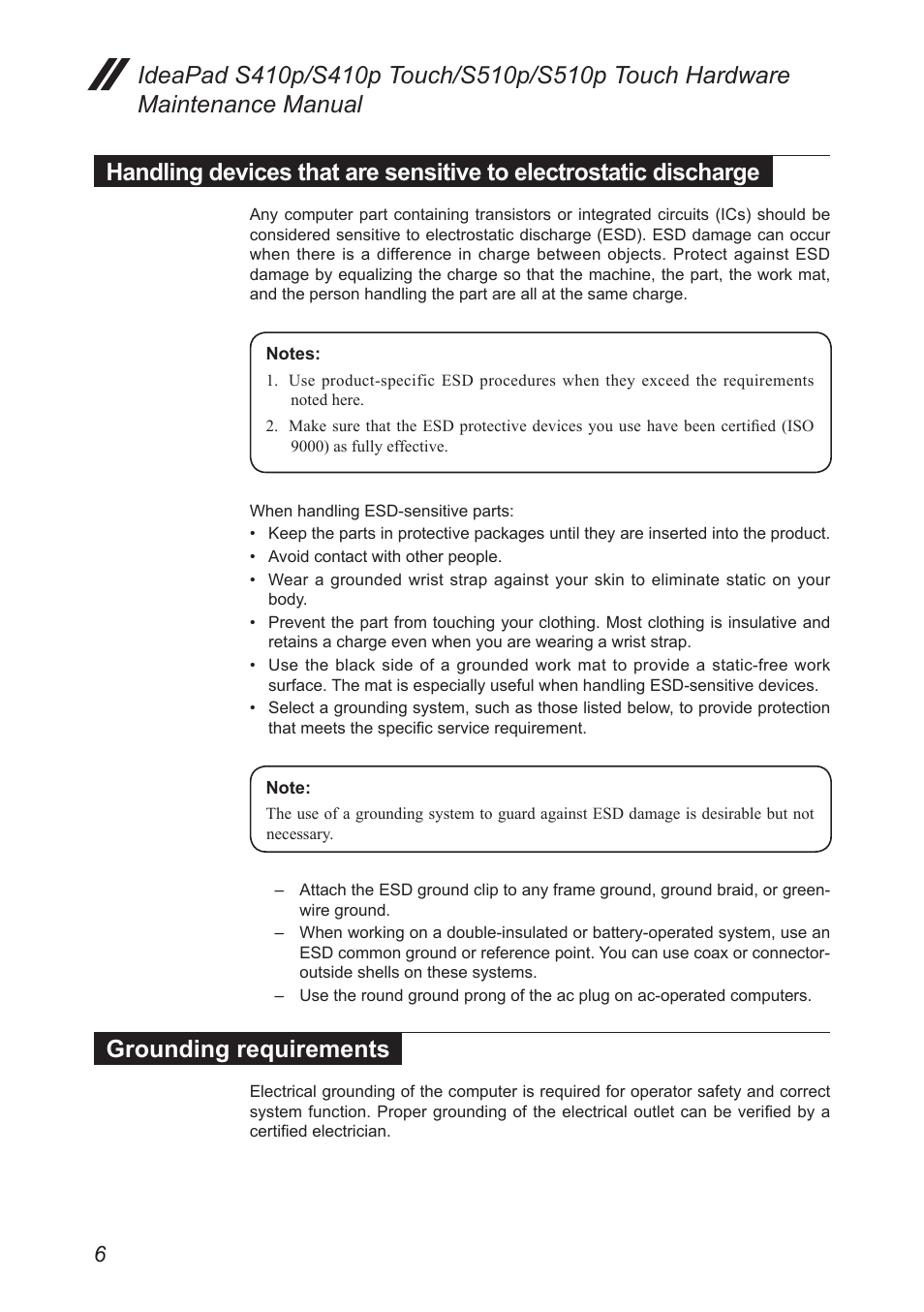 Grounding requirements, Handling devices that are sensitive to, Electrostatic discharge | Lenovo IdeaPad S410p Notebook User Manual | Page 10 / 104