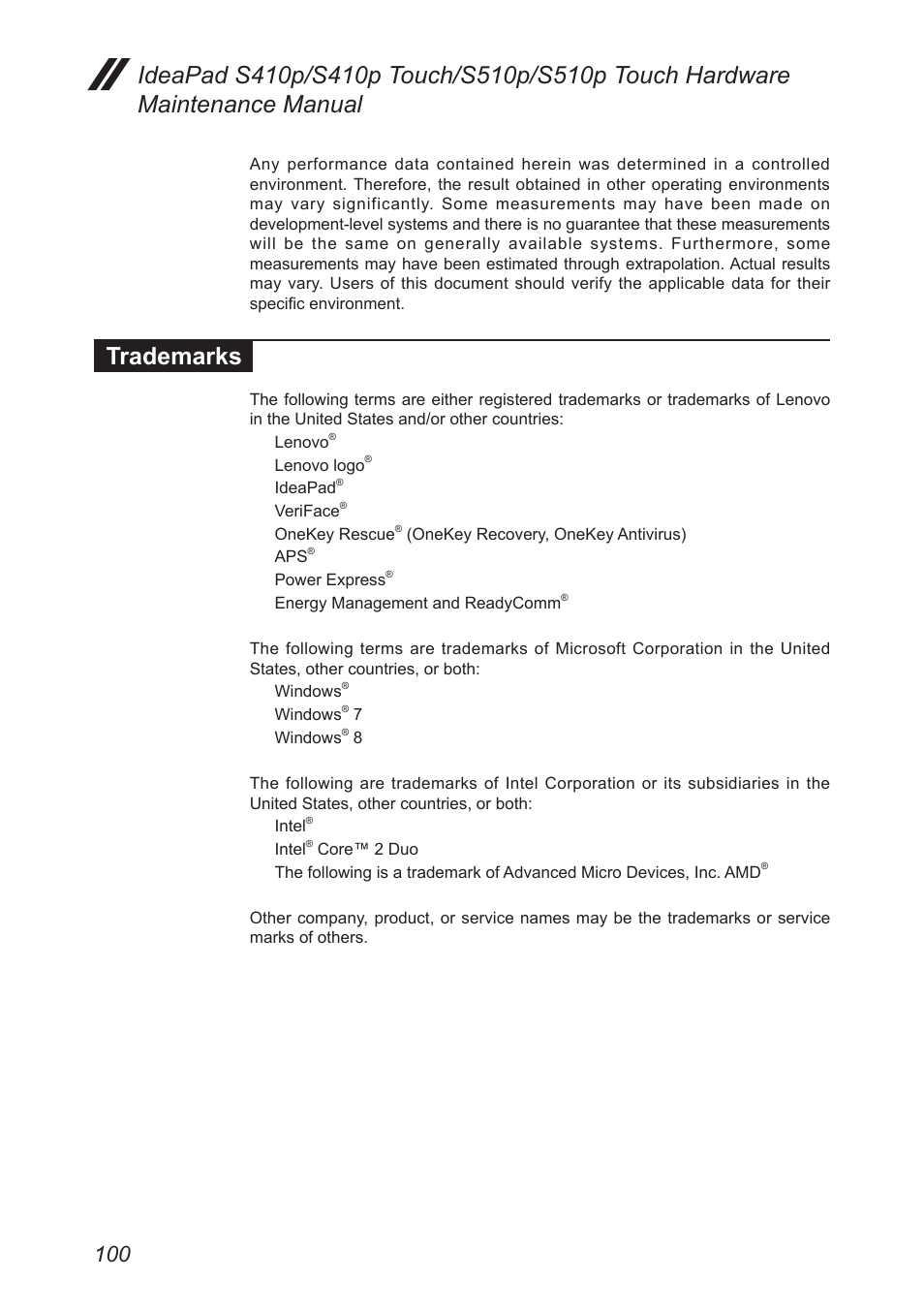 Trademarks | Lenovo IdeaPad S410p Notebook User Manual | Page 104 / 104