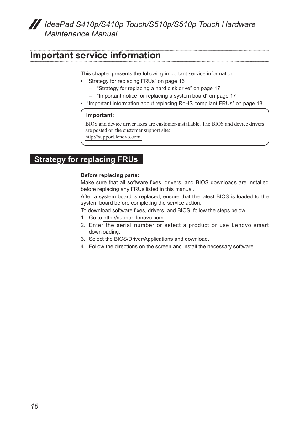 Important service information, Strategy for replacing frus | Lenovo IdeaPad S410p Notebook User Manual | Page 20 / 104