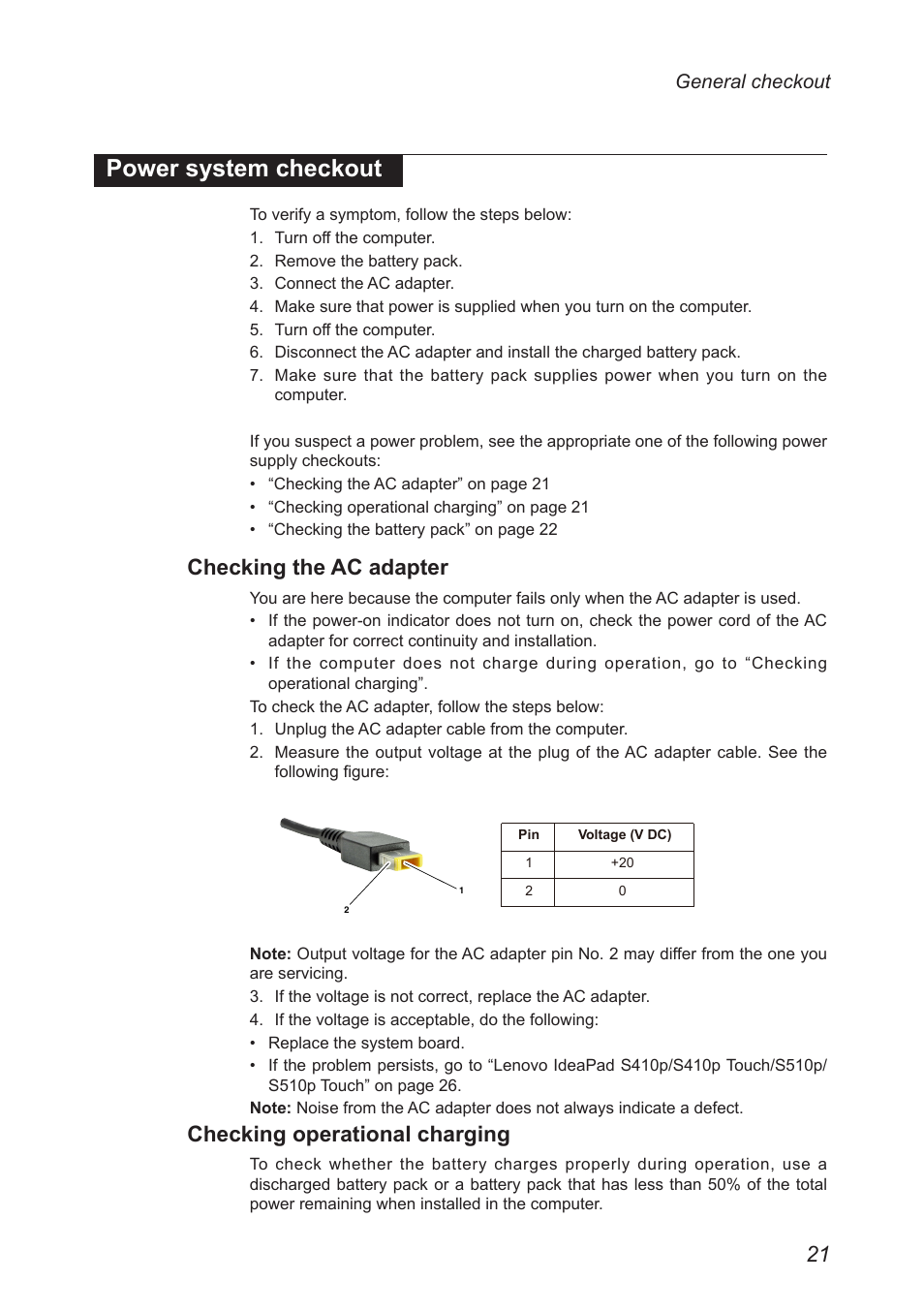 Power system checkout, Checking the ac adapter, Checking operational charging | Lenovo IdeaPad S410p Notebook User Manual | Page 25 / 104