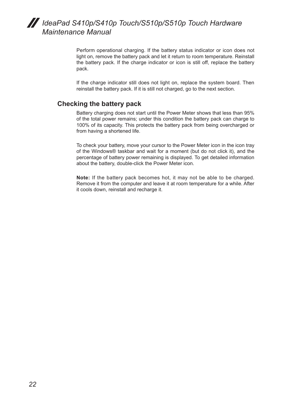 Checking the battery pack | Lenovo IdeaPad S410p Notebook User Manual | Page 26 / 104