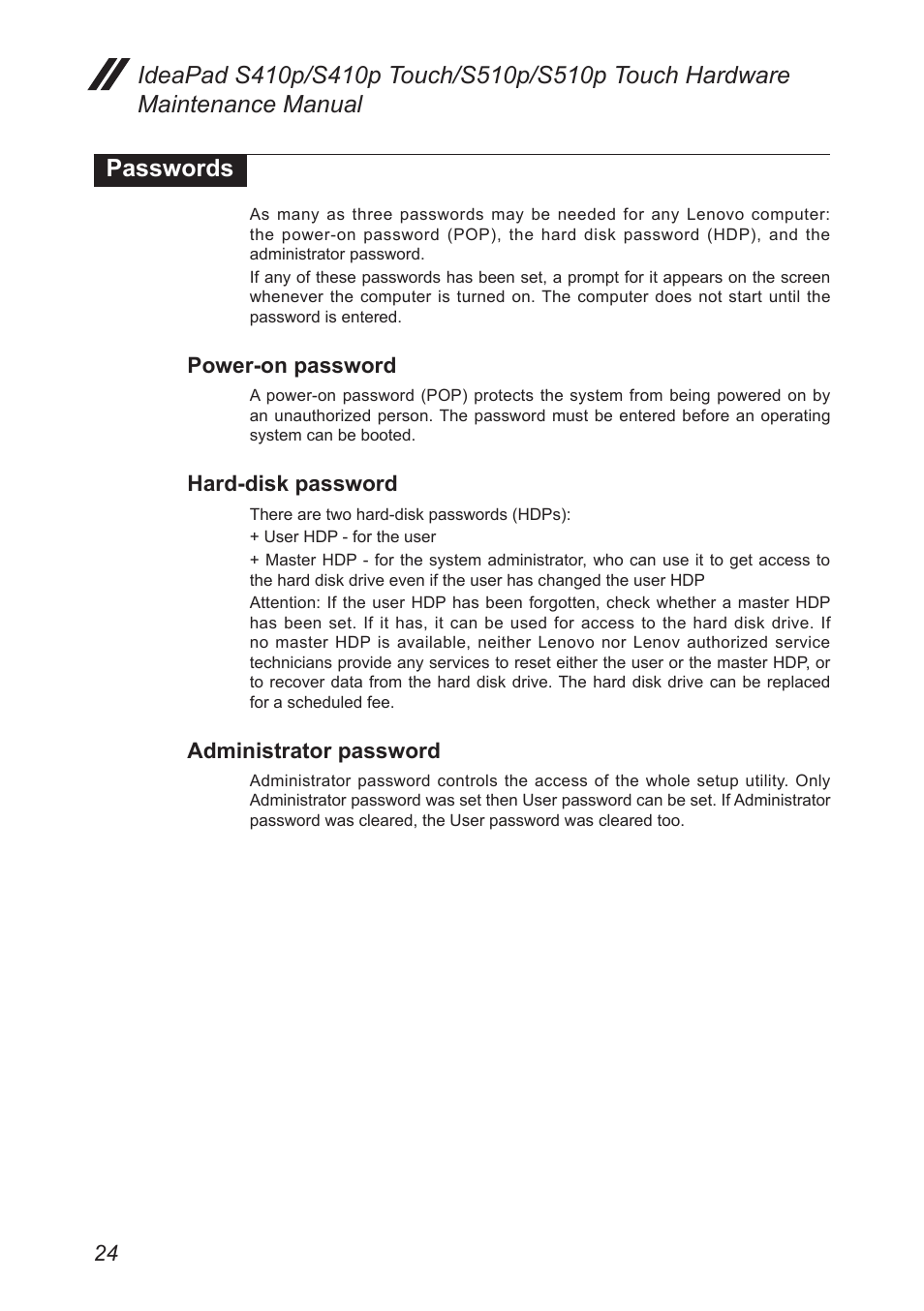 Passwords, Power-on password, Hard-disk password | Administrator password | Lenovo IdeaPad S410p Notebook User Manual | Page 28 / 104