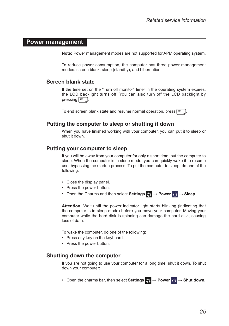 Power management, Screen blank state, Putting the computer to sleep or shutting it down | Putting your computer to sleep, Shutting down the computer, Putting the computer to sleep or shutting, It down | Lenovo IdeaPad S410p Notebook User Manual | Page 29 / 104