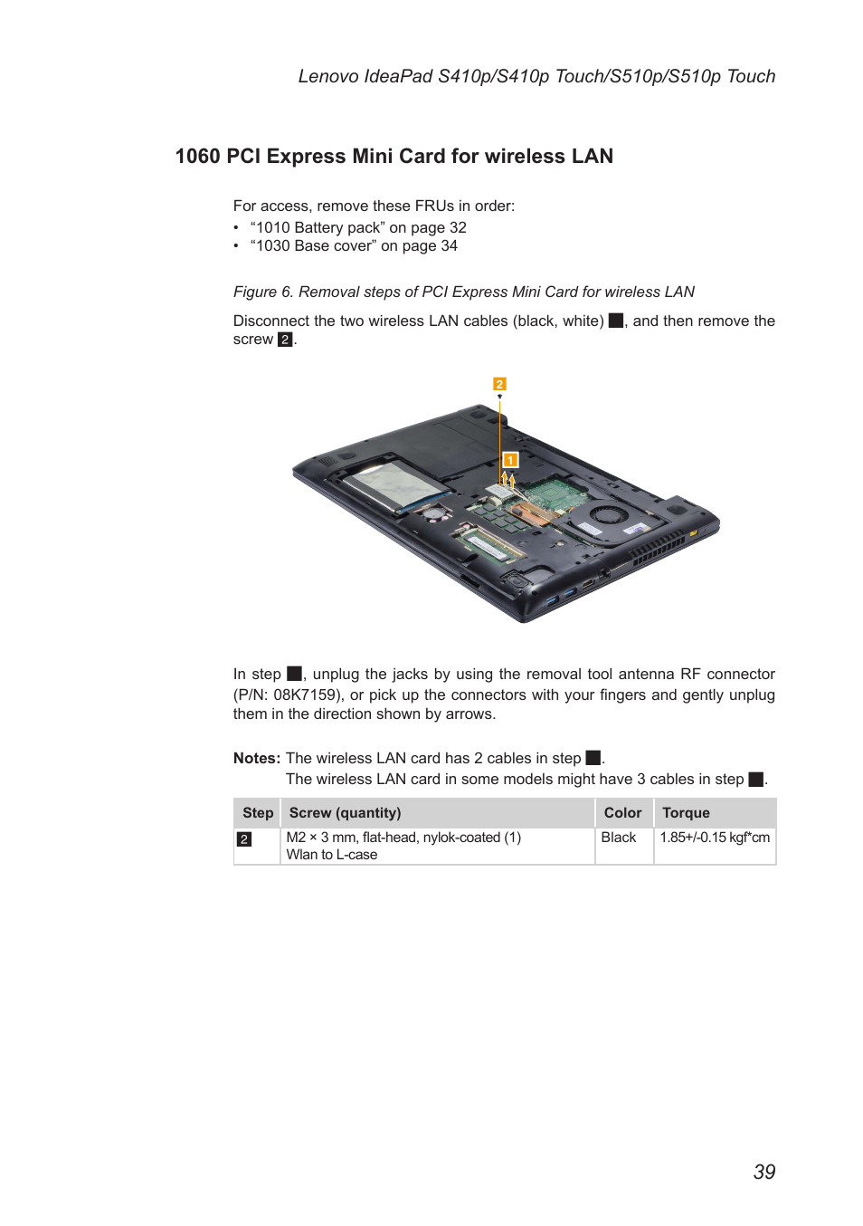 1060 pci express mini card for wireless lan, 1060 pci express mini card for, Wireless lan | Lenovo IdeaPad S410p Notebook User Manual | Page 43 / 104