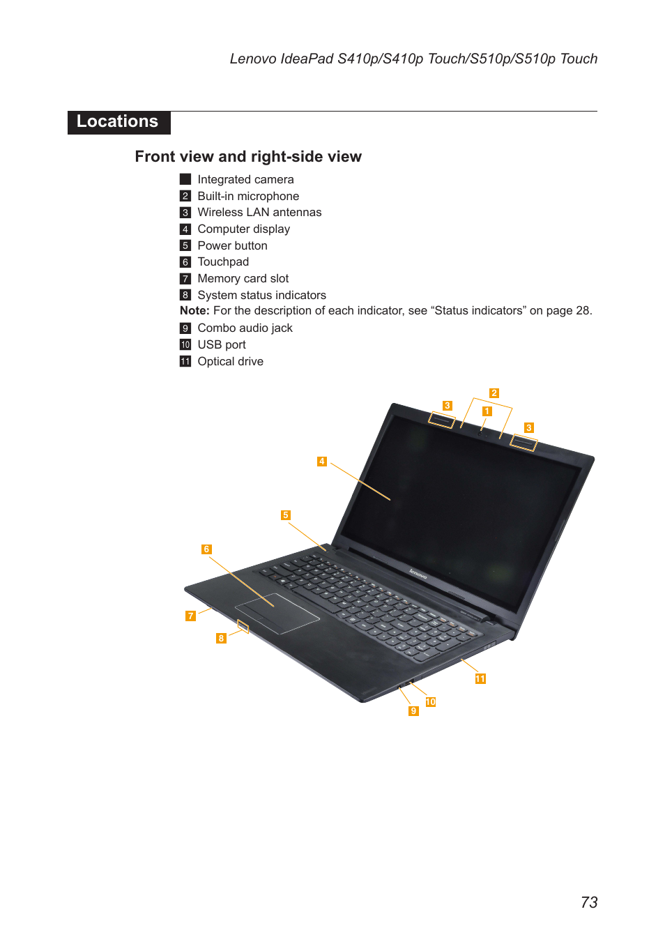 Locations, Front view and right-side view | Lenovo IdeaPad S410p Notebook User Manual | Page 77 / 104