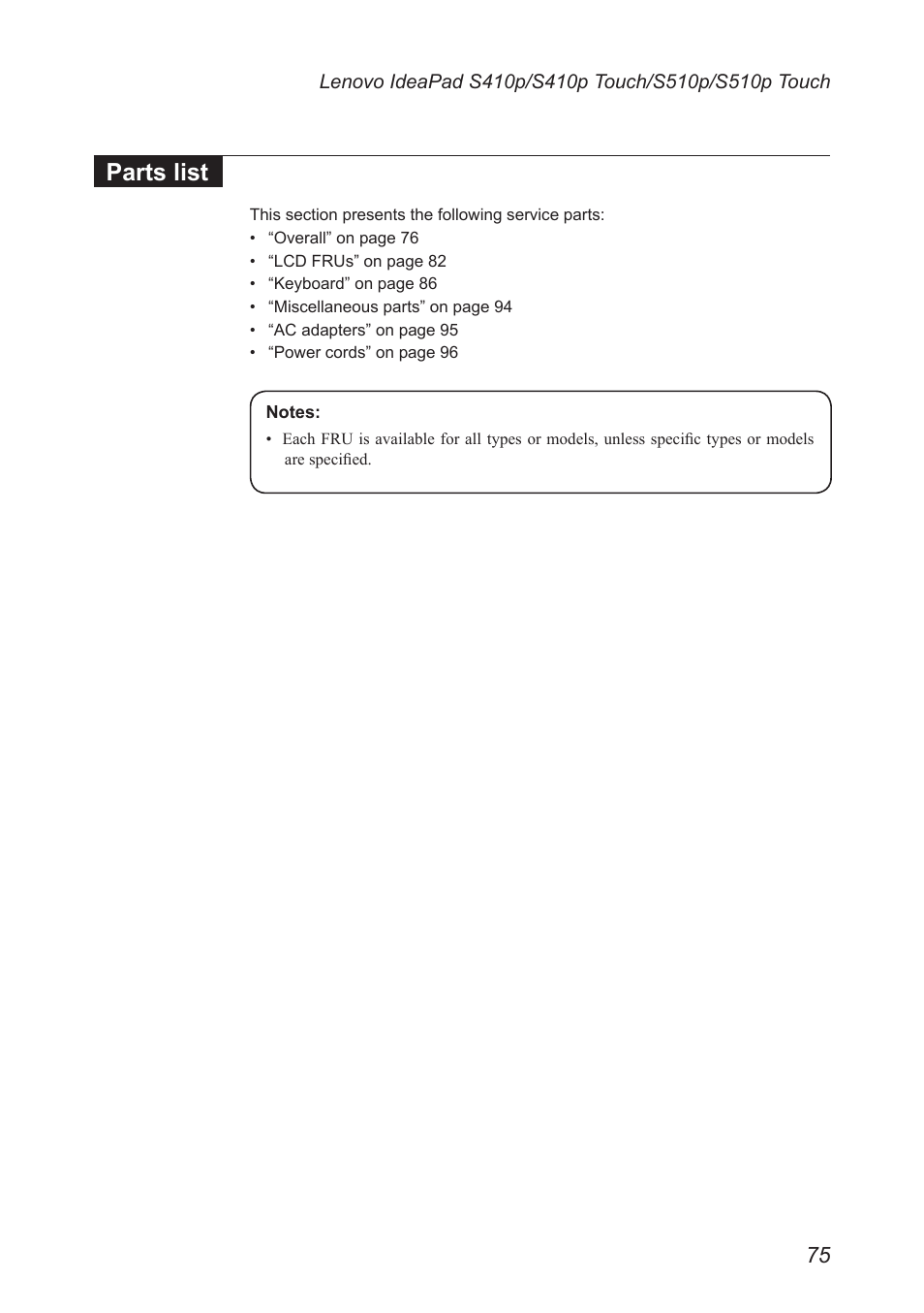 Parts list | Lenovo IdeaPad S410p Notebook User Manual | Page 79 / 104