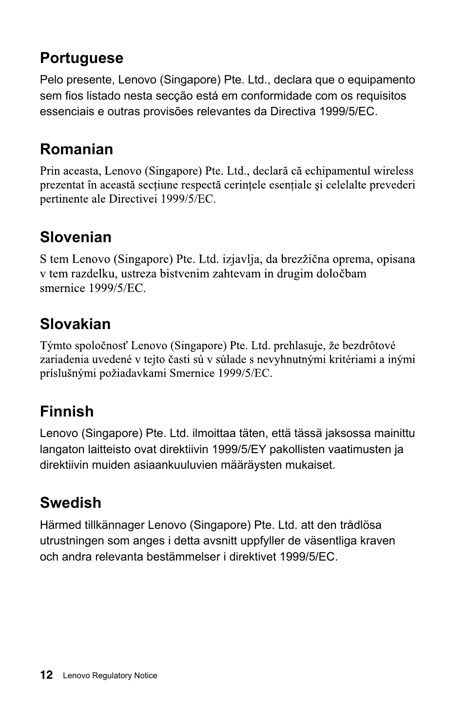 Portuguese, Romanian slovenian slovakian finnish, Swedish | Lenovo C245 All-in-One User Manual | Page 13 / 23