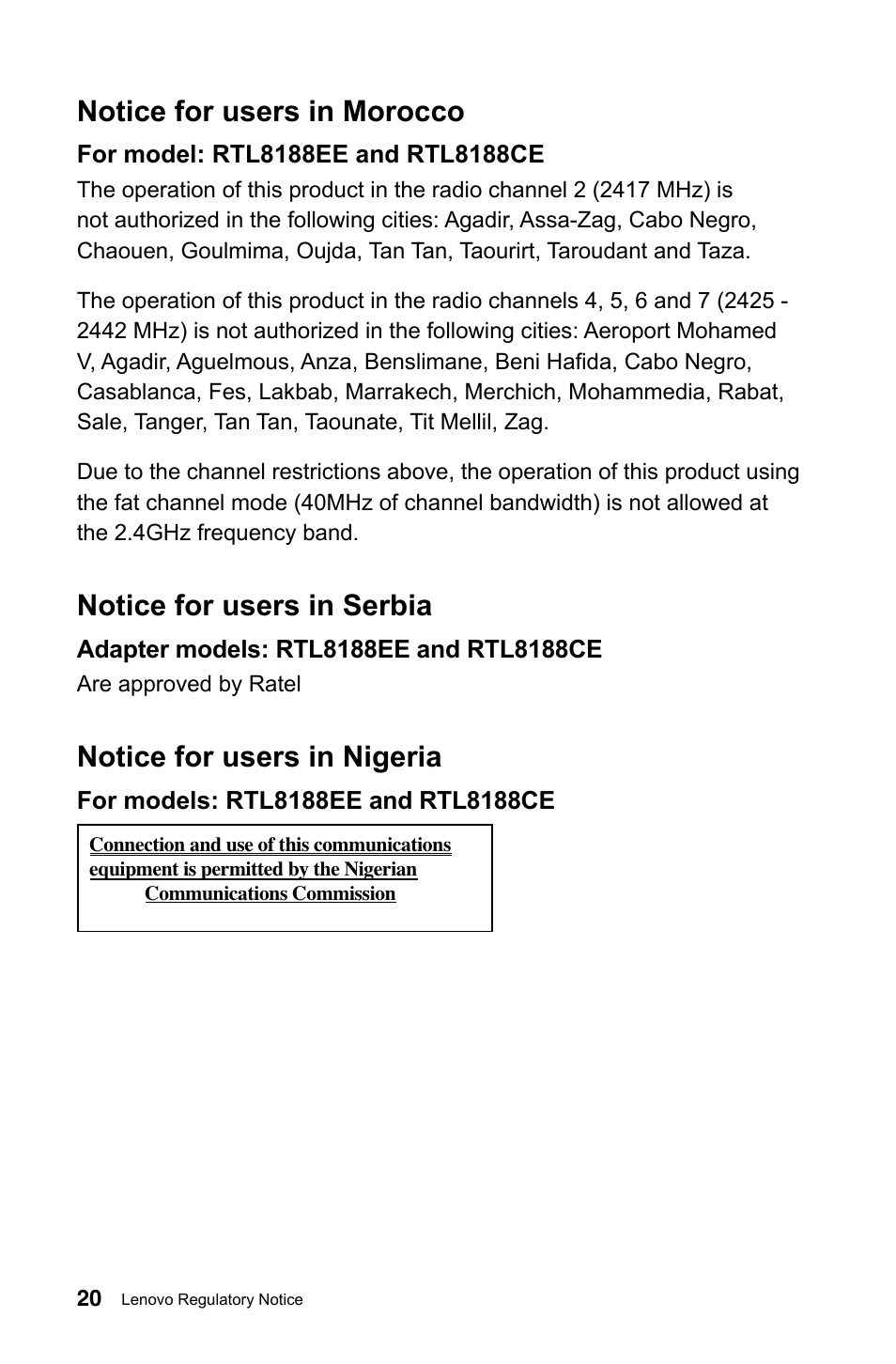 Notice for users in morocco, Notice for users in serbia, Notice for users in nigeria | Lenovo C245 All-in-One User Manual | Page 21 / 23