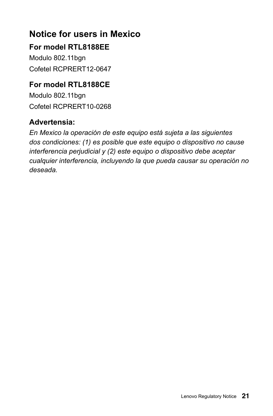 Notice for users in mexico | Lenovo C245 All-in-One User Manual | Page 22 / 23