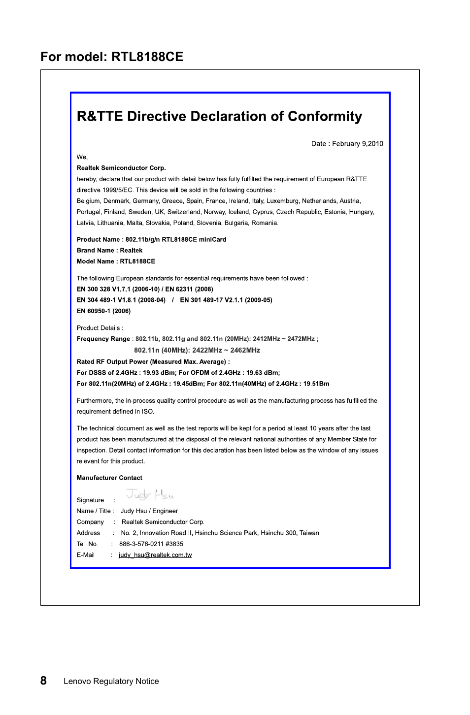 For model: rtl8188ce | Lenovo C245 All-in-One User Manual | Page 9 / 23