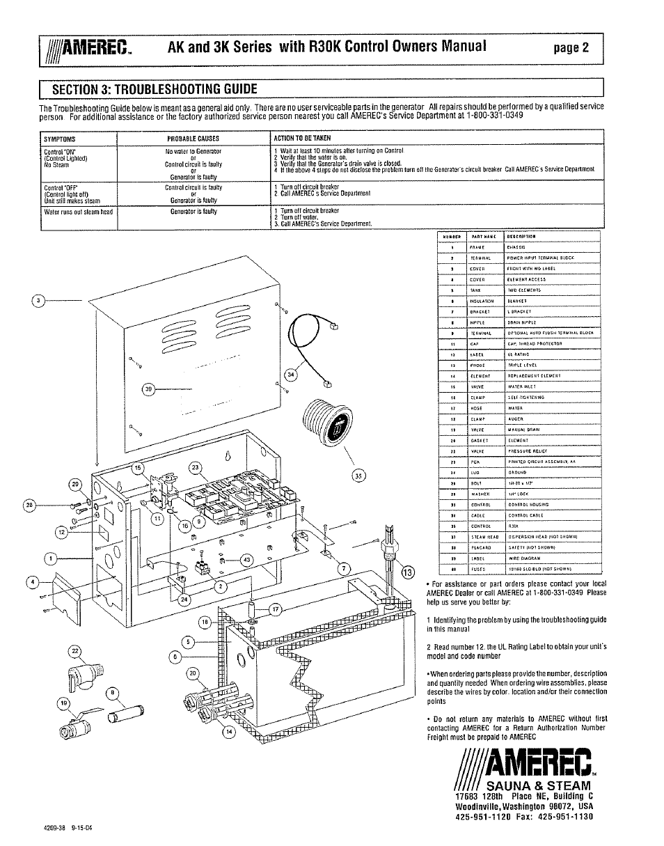 Amerei, Sauna & steam, Amereg | Ak and 3k series with r30k controi owners manual, Page 2 | Amerec 3K User Manual | Page 2 / 2