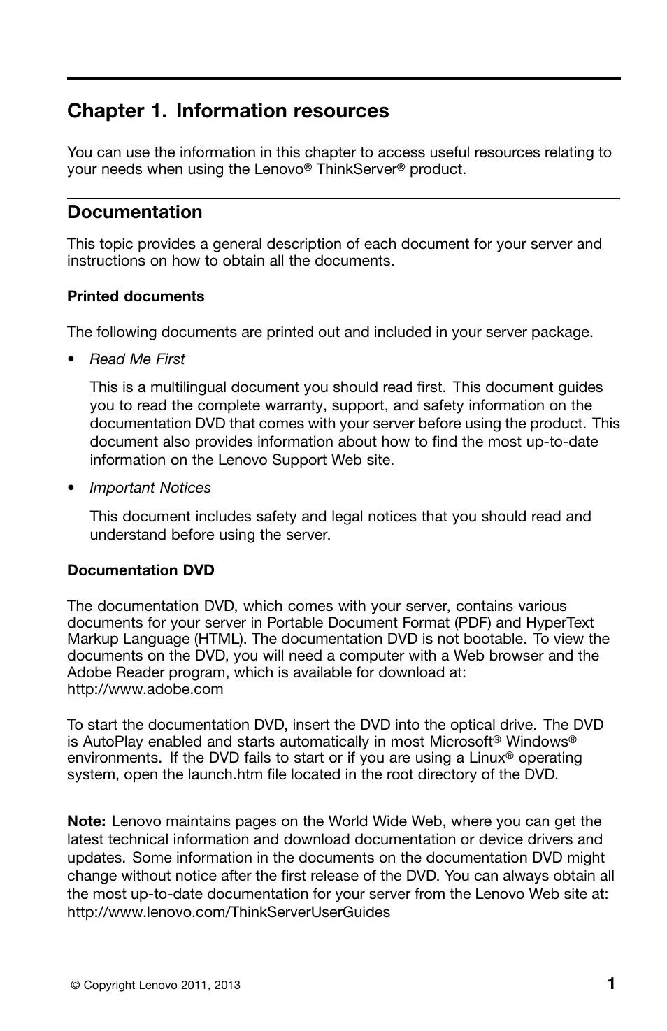 Chapter 1. information resources, Documentation | Lenovo ThinkServer TS430 User Manual | Page 9 / 36