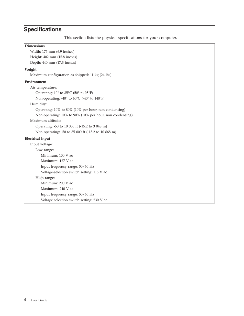 Specifications | Lenovo ThinkCentre A62 User Manual | Page 12 / 92