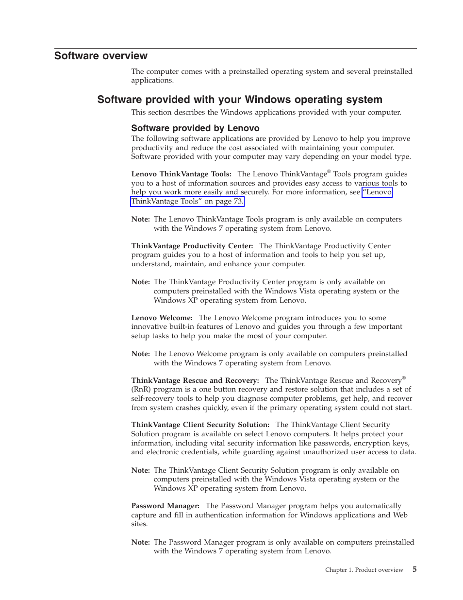 Software overview, Software provided by lenovo | Lenovo ThinkCentre A62 User Manual | Page 13 / 92