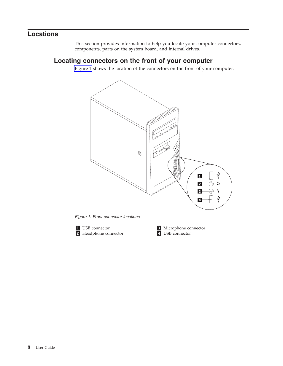 Locations, Locating connectors on the front of your computer | Lenovo ThinkCentre A62 User Manual | Page 16 / 92