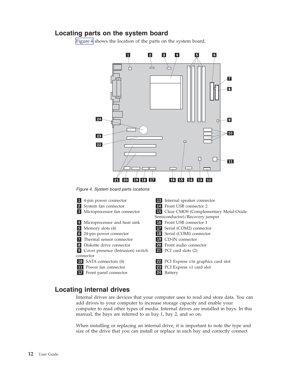 Locating parts on the system board, Locating internal drives | Lenovo ThinkCentre A62 User Manual | Page 20 / 92