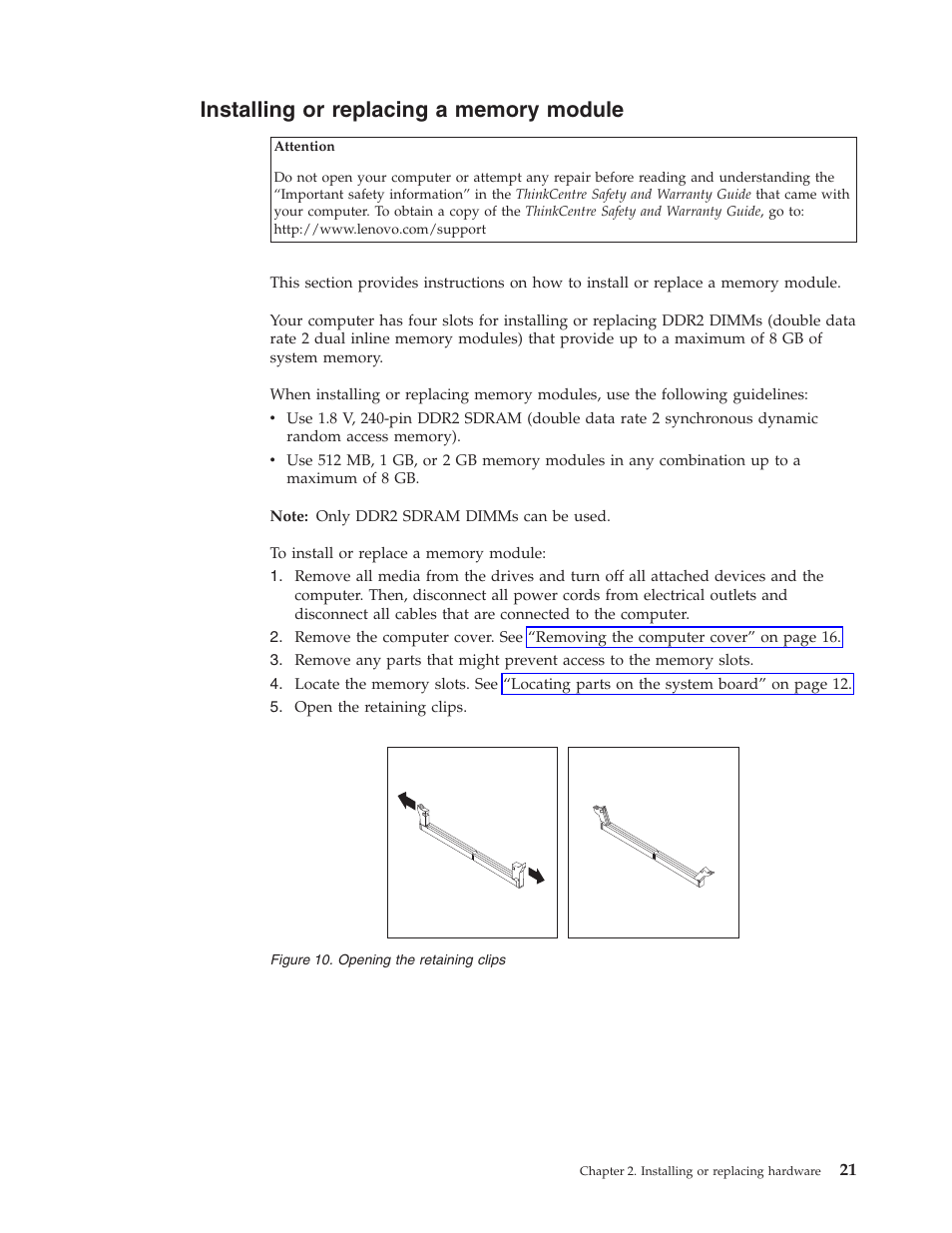 Installing or replacing a memory module | Lenovo ThinkCentre A62 User Manual | Page 29 / 92