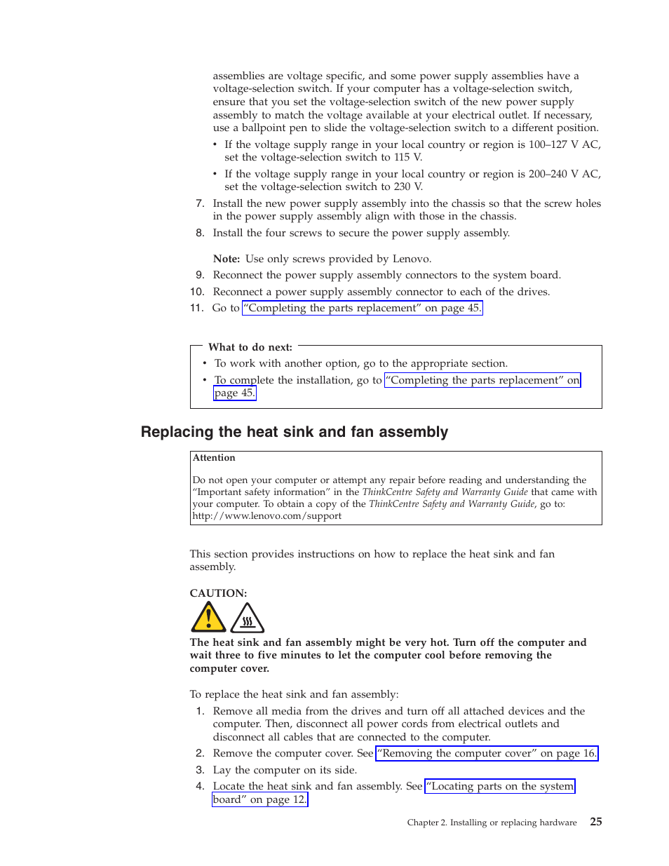 Replacing the heat sink and fan assembly | Lenovo ThinkCentre A62 User Manual | Page 33 / 92