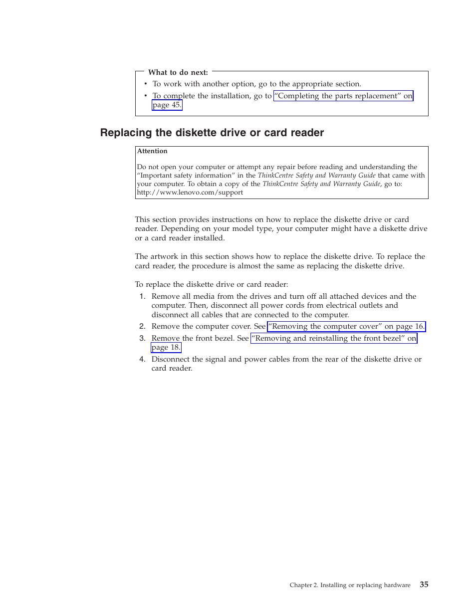 Replacing the diskette drive or card reader | Lenovo ThinkCentre A62 User Manual | Page 43 / 92