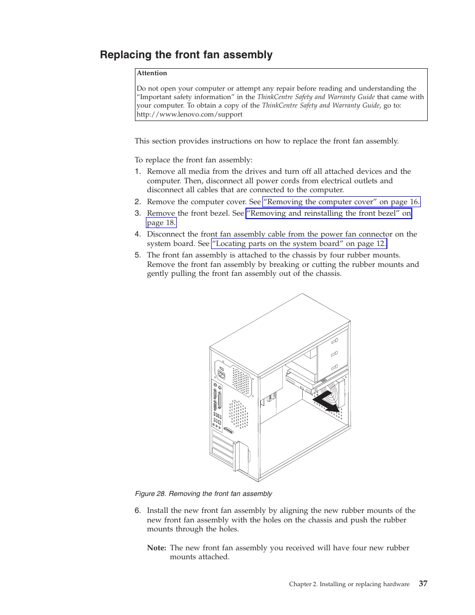 Replacing the front fan assembly | Lenovo ThinkCentre A62 User Manual | Page 45 / 92