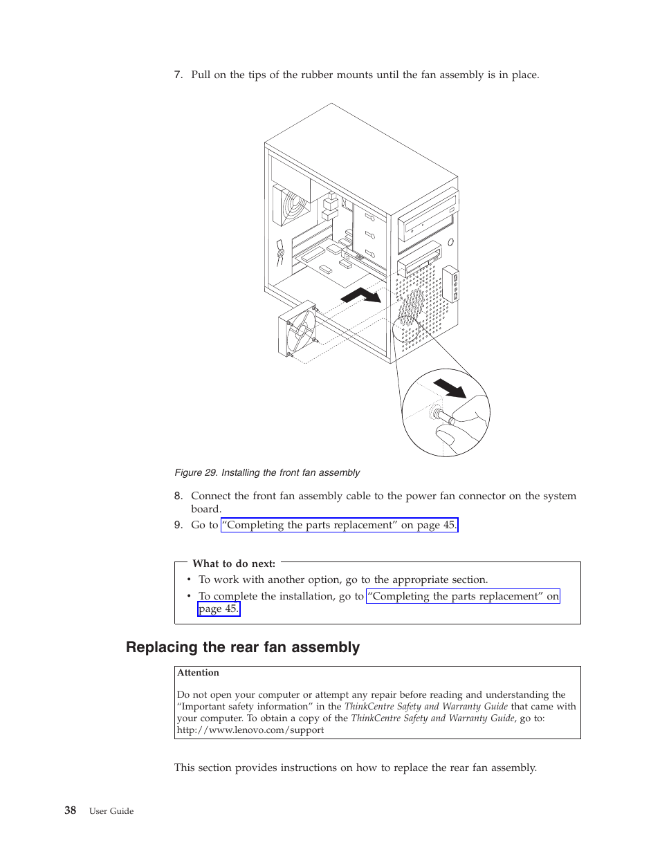Replacing the rear fan assembly | Lenovo ThinkCentre A62 User Manual | Page 46 / 92