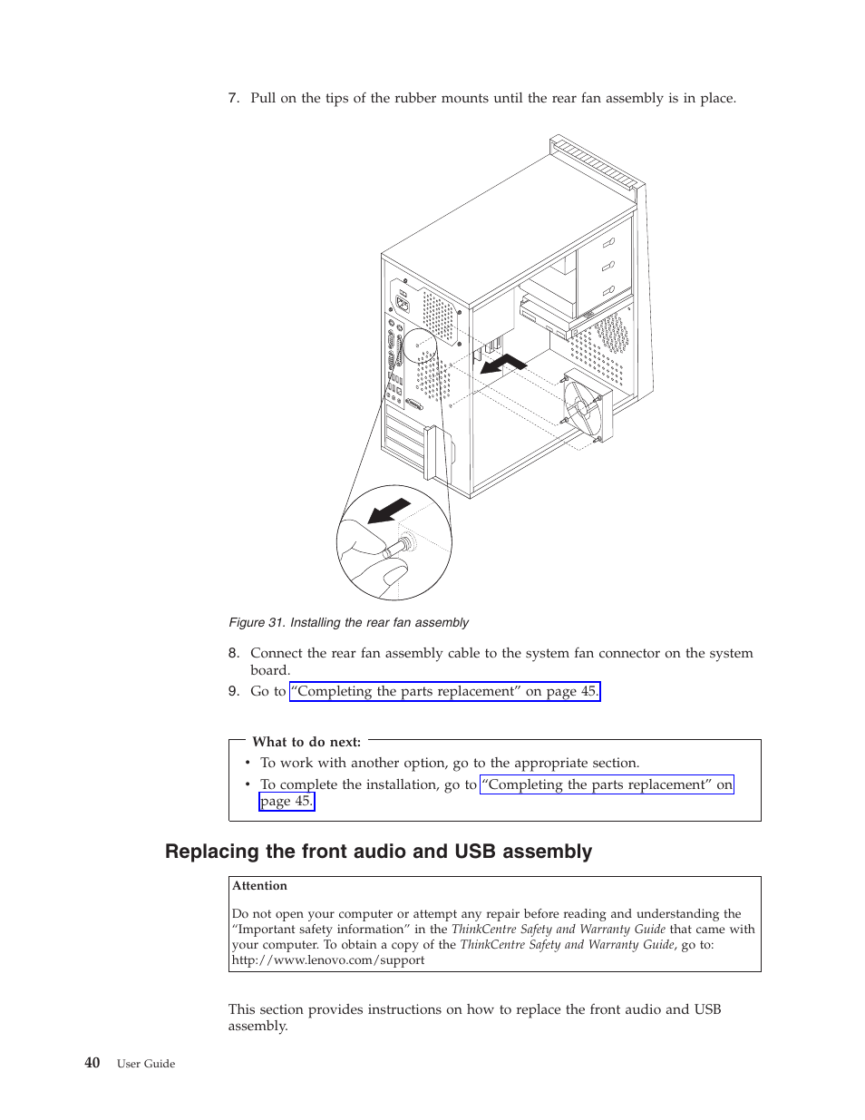 Replacing the front audio and usb assembly | Lenovo ThinkCentre A62 User Manual | Page 48 / 92