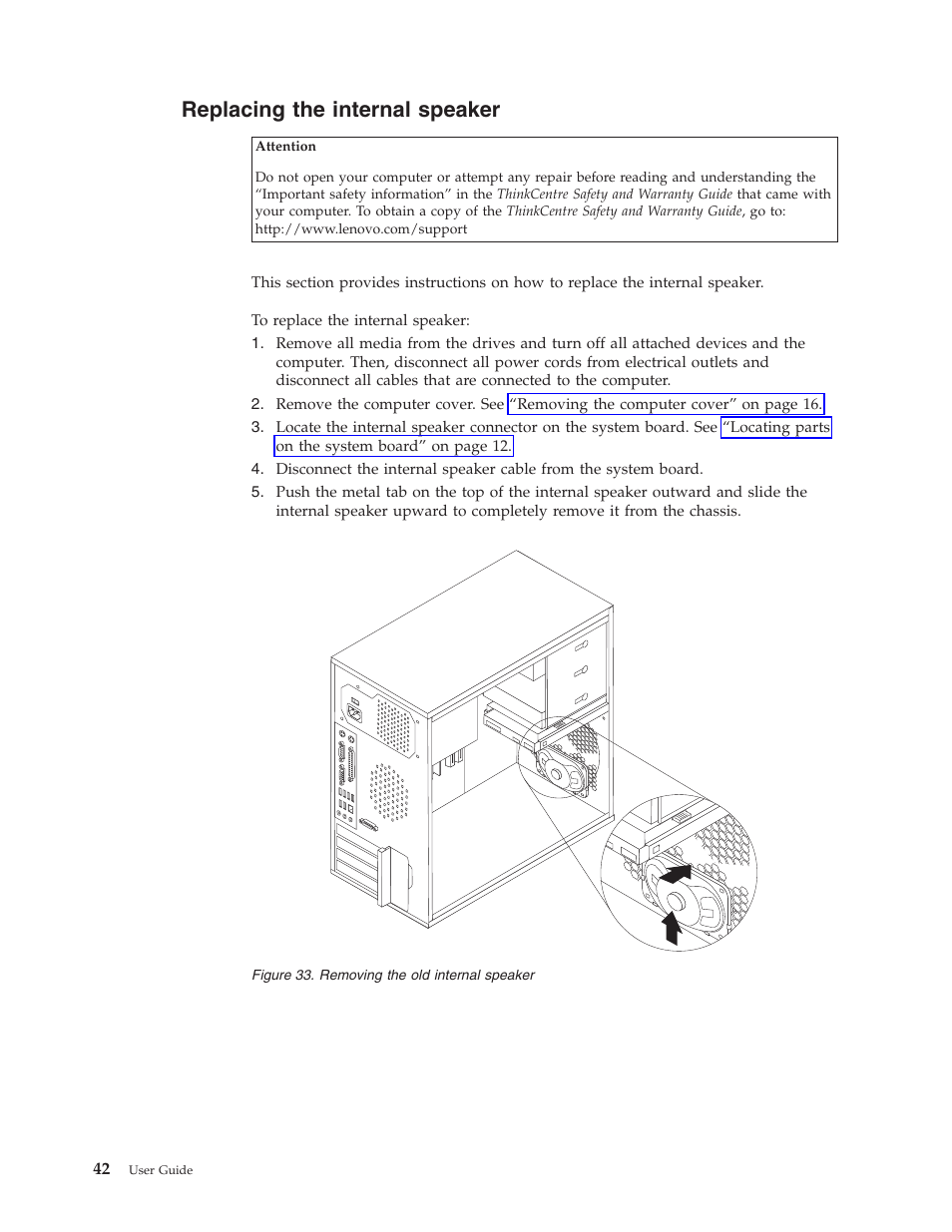 Replacing the internal speaker | Lenovo ThinkCentre A62 User Manual | Page 50 / 92