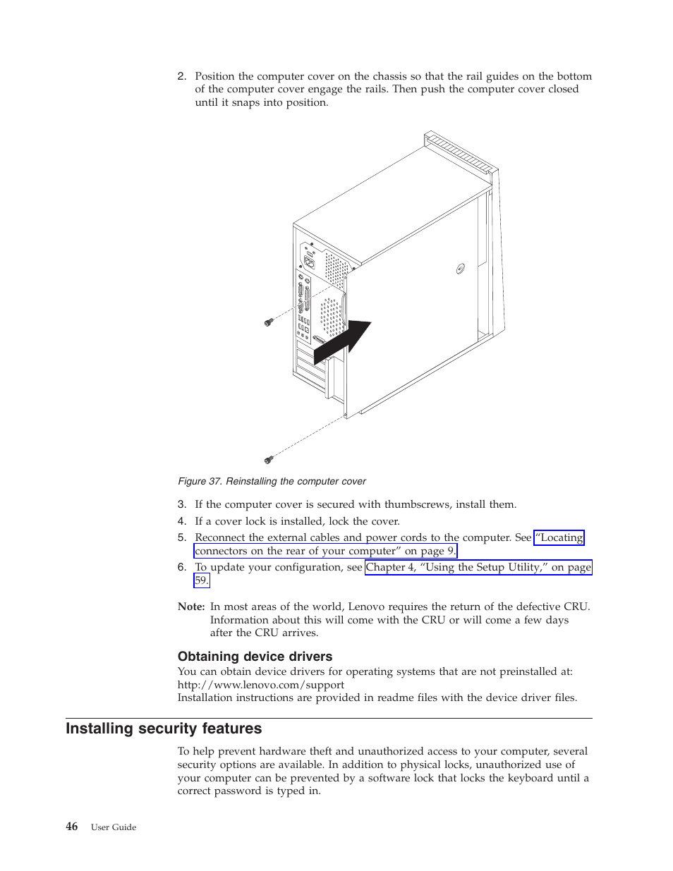 Obtaining device drivers, Installing security features | Lenovo ThinkCentre A62 User Manual | Page 54 / 92