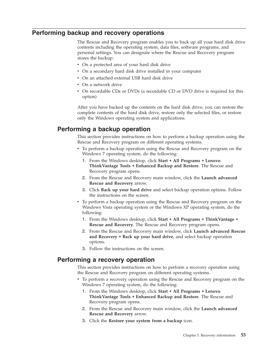 Performing backup and recovery operations, Performing a backup operation, Performing a recovery operation | Lenovo ThinkCentre A62 User Manual | Page 61 / 92