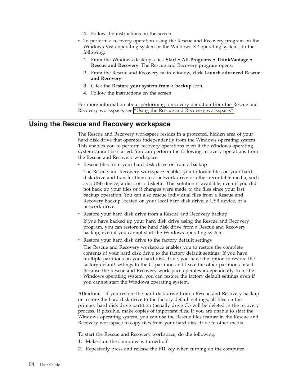 Using the rescue and recovery workspace | Lenovo ThinkCentre A62 User Manual | Page 62 / 92