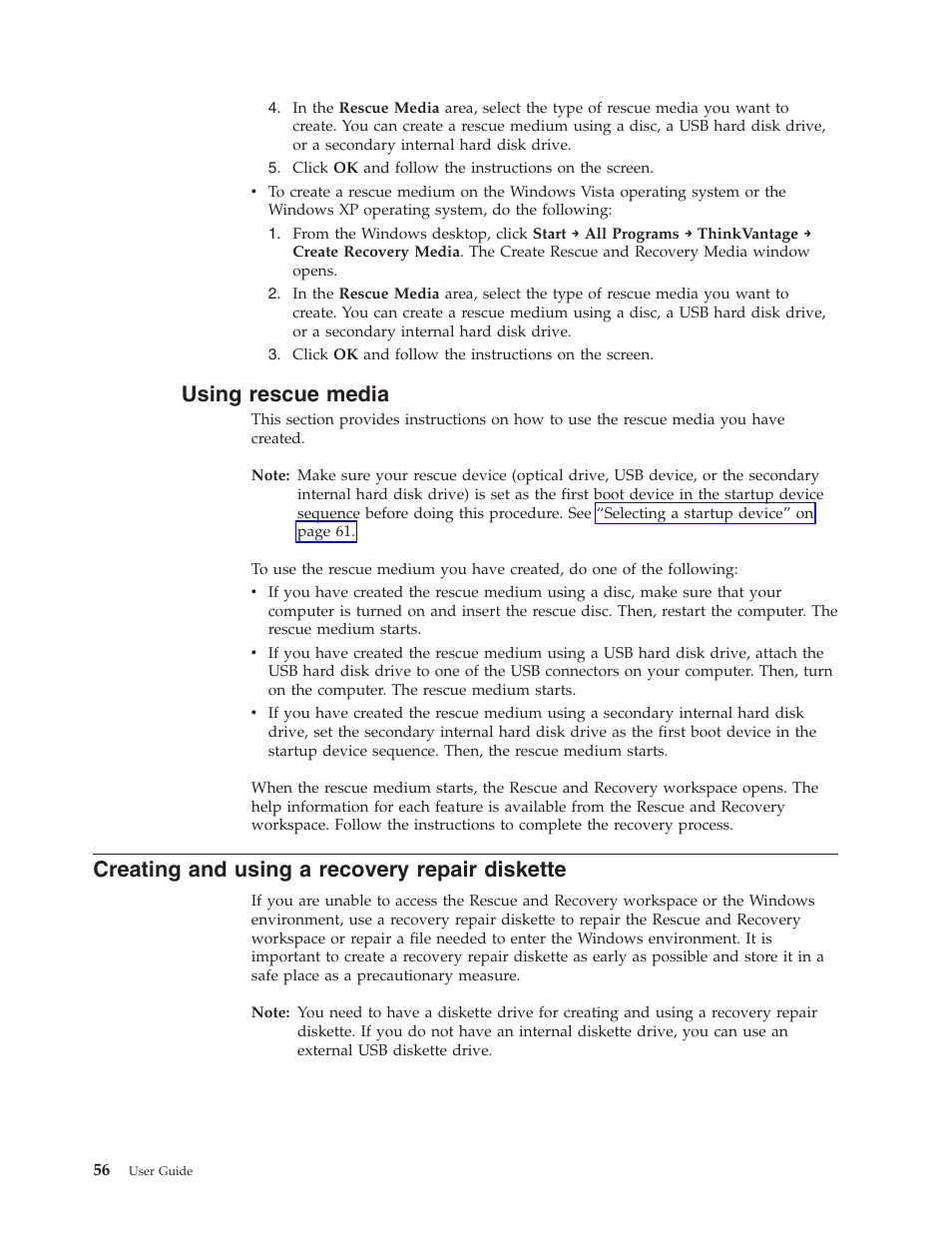 Using rescue media, Creating and using a recovery repair diskette | Lenovo ThinkCentre A62 User Manual | Page 64 / 92