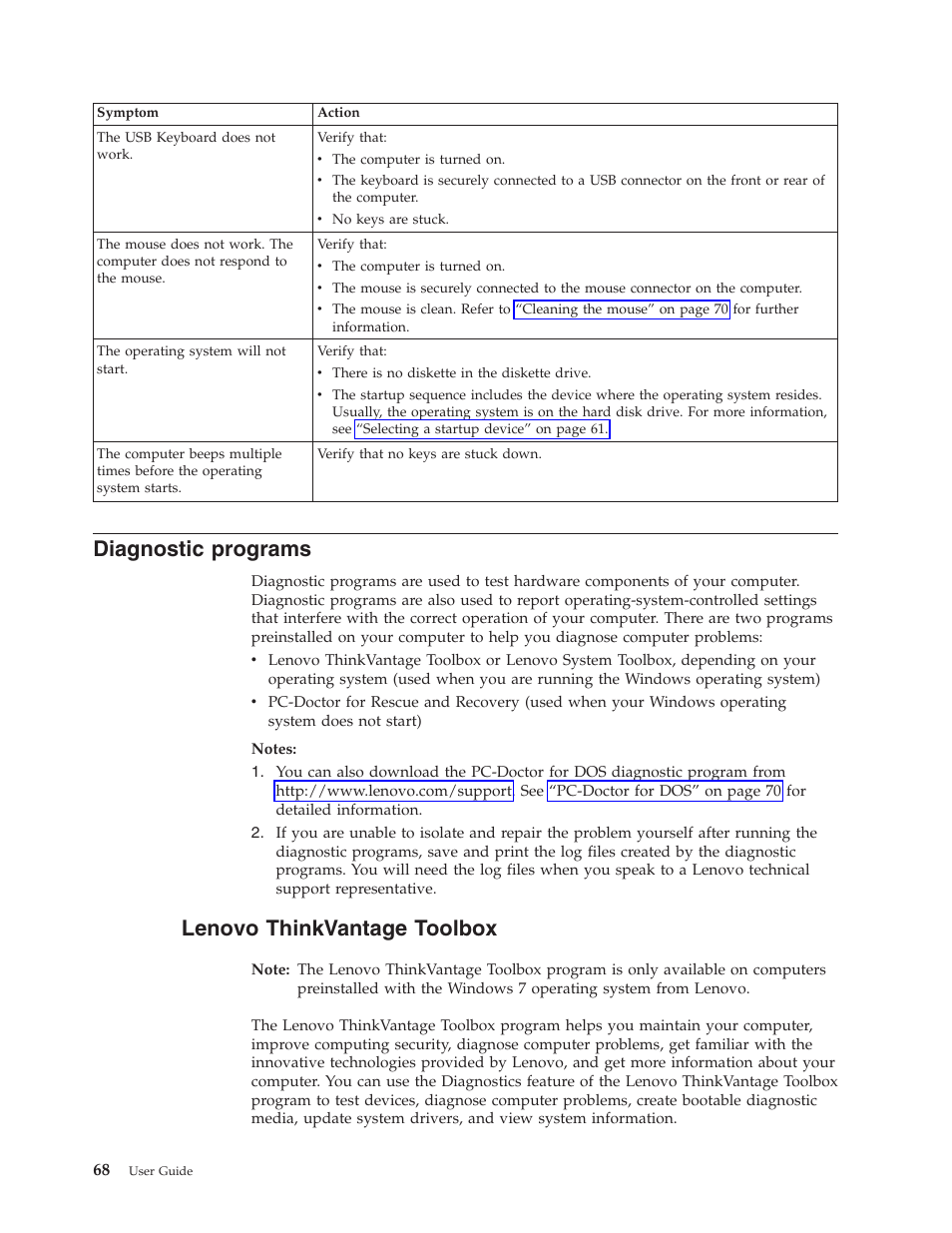 Diagnostic programs, Lenovo thinkvantage toolbox | Lenovo ThinkCentre A62 User Manual | Page 76 / 92