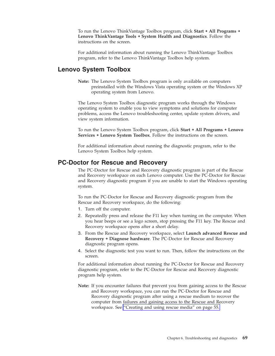 Lenovo system toolbox, Pc-doctor for rescue and recovery | Lenovo ThinkCentre A62 User Manual | Page 77 / 92