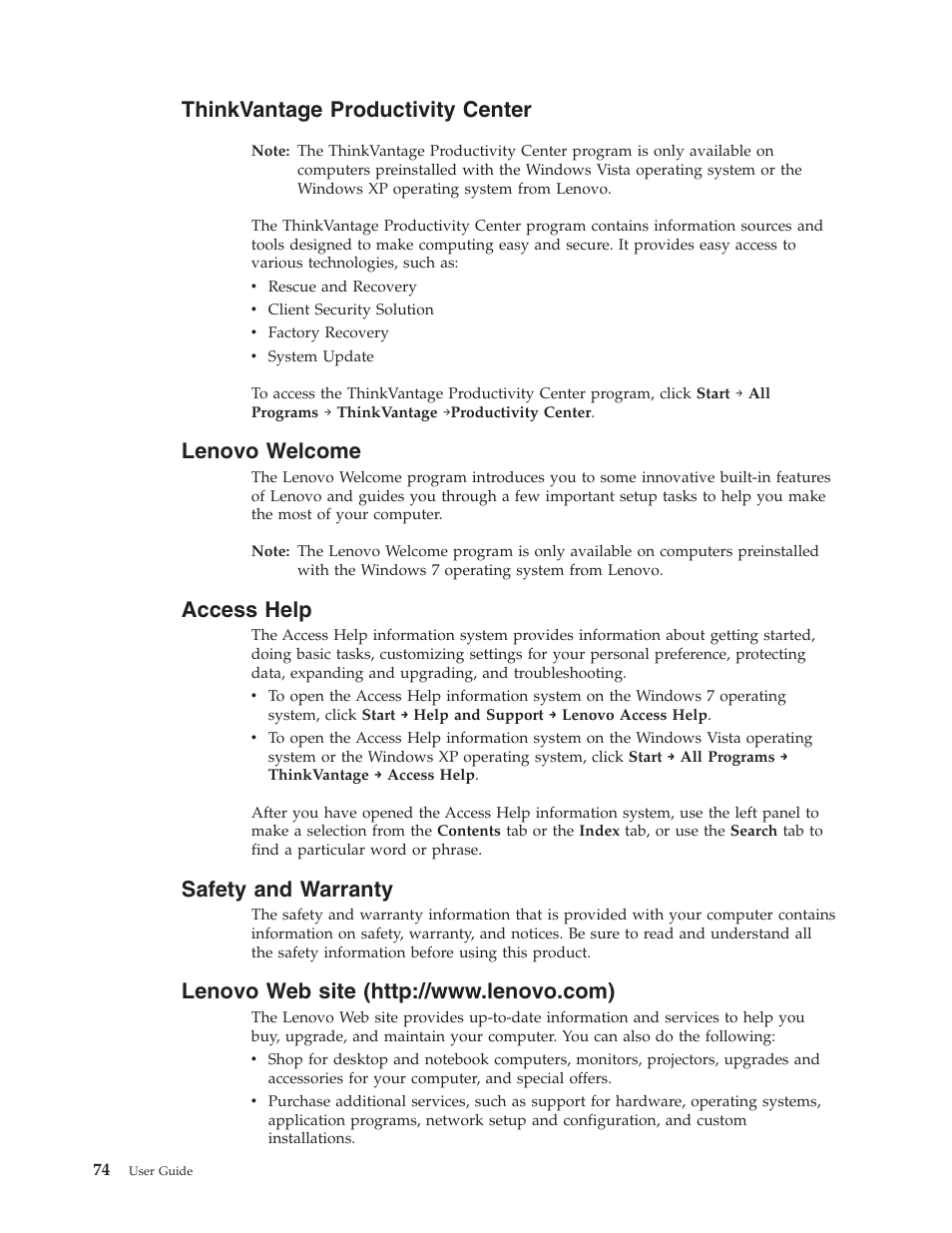 Thinkvantage productivity center, Lenovo welcome, Access help | Safety and warranty, Lenovo web site (http://www.lenovo.com) | Lenovo ThinkCentre A62 User Manual | Page 82 / 92