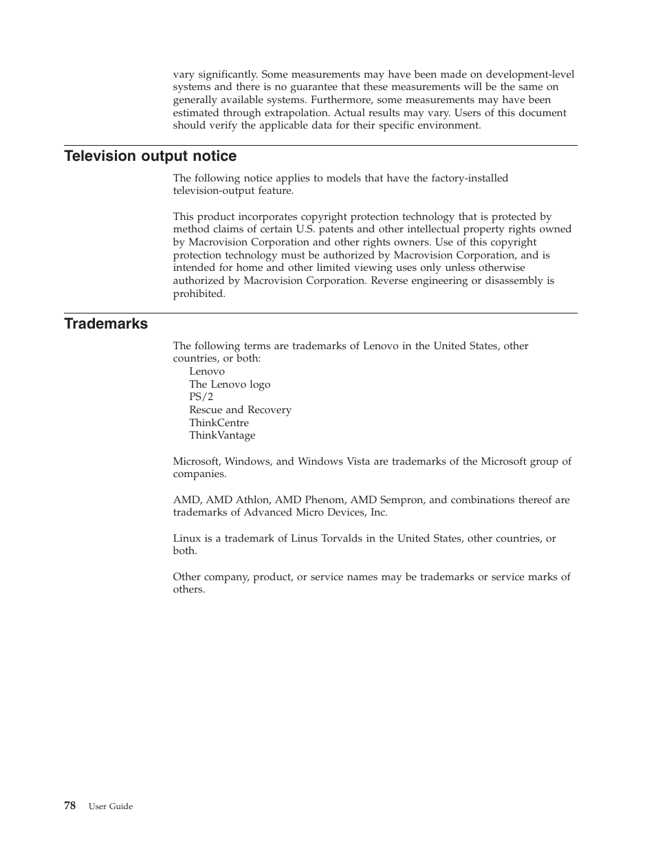 Television output notice, Trademarks | Lenovo ThinkCentre A62 User Manual | Page 86 / 92