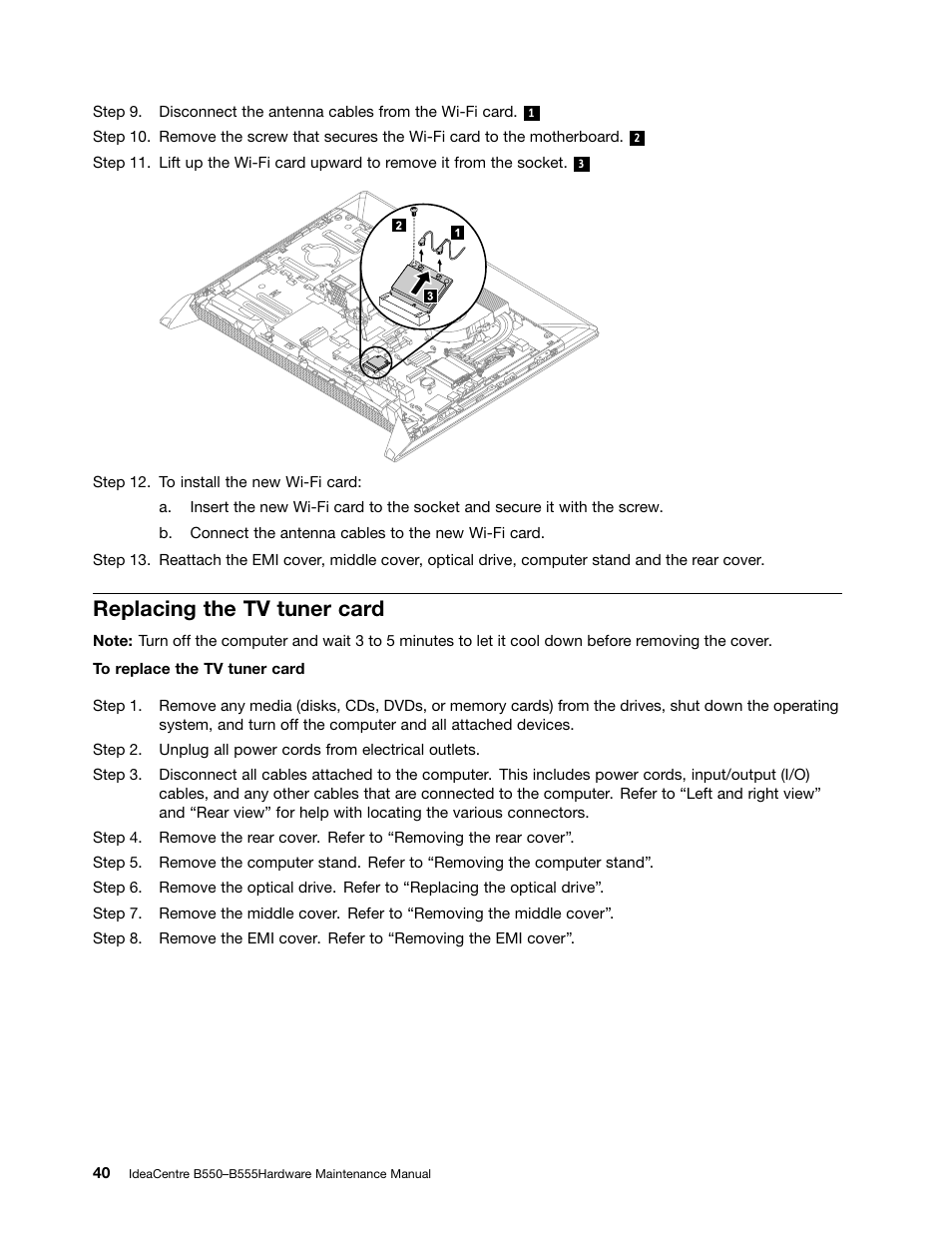 Replacing the tv tuner card | Lenovo IdeaCentre B550 All-in-One User Manual | Page 46 / 69