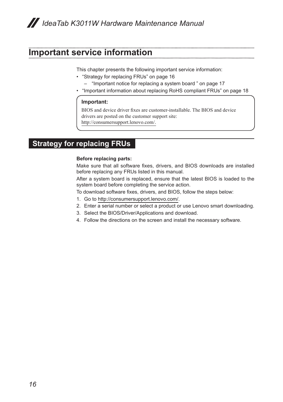 Important service information, Strategy for replacing frus, Ideatab k3011w hardware maintenance manual | Lenovo IdeaTab Lynx K3011W User Manual | Page 20 / 64