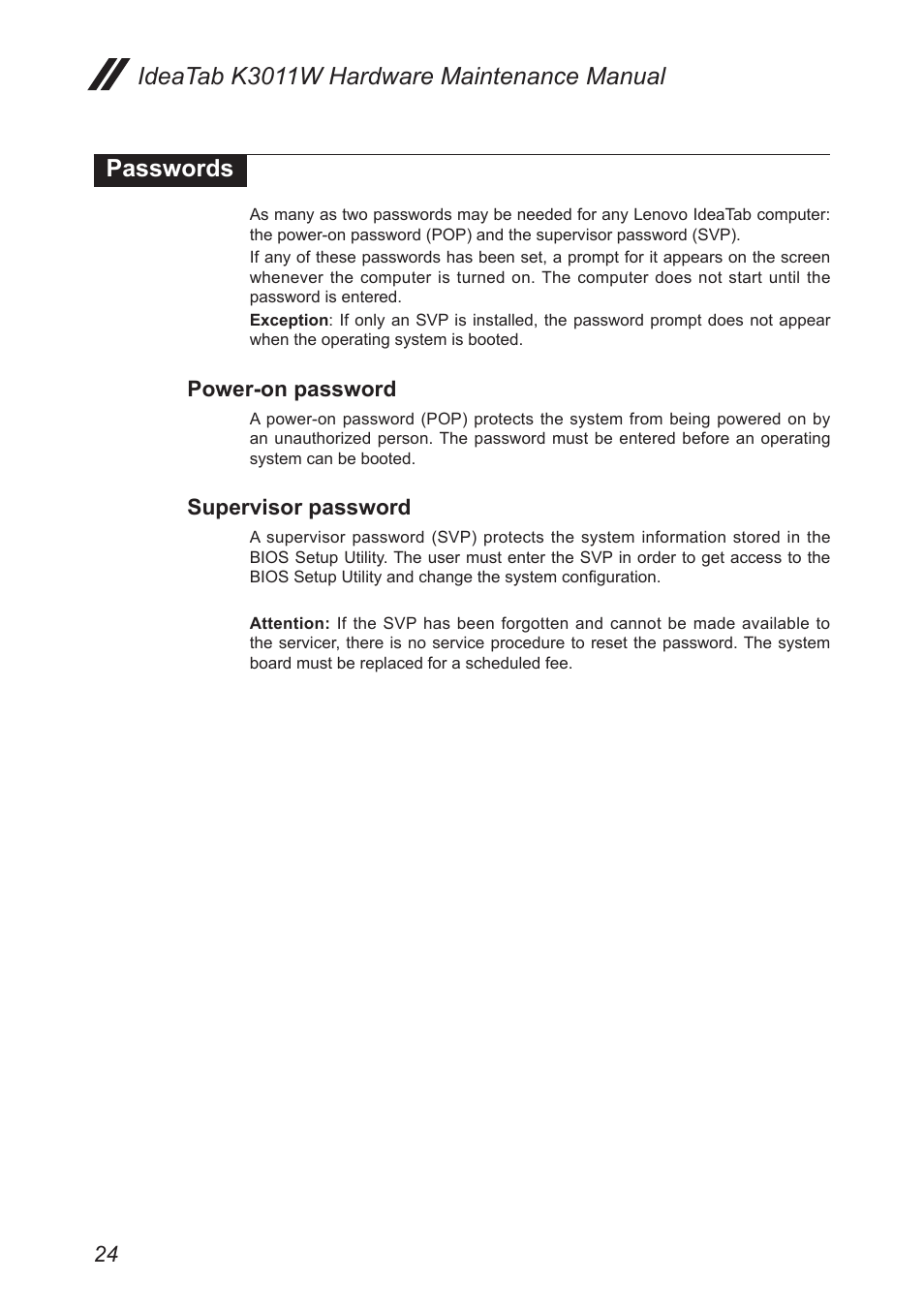 Passwords, Power-on password, Supervisor password | Lenovo IdeaTab Lynx K3011W User Manual | Page 28 / 64