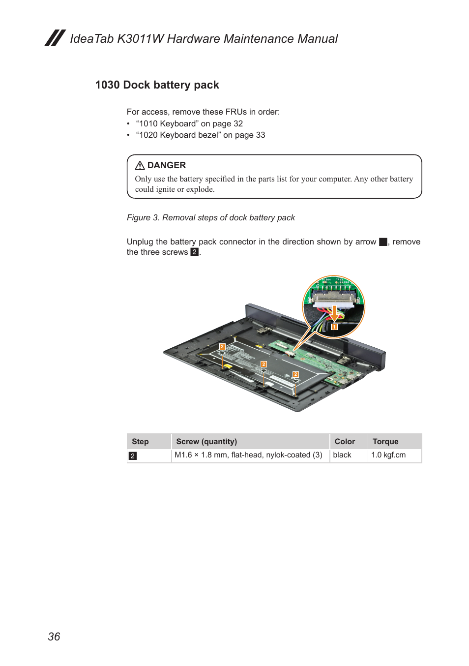 1030 dock battery pack, Ideatab k3011w hardware maintenance manual | Lenovo IdeaTab Lynx K3011W User Manual | Page 40 / 64