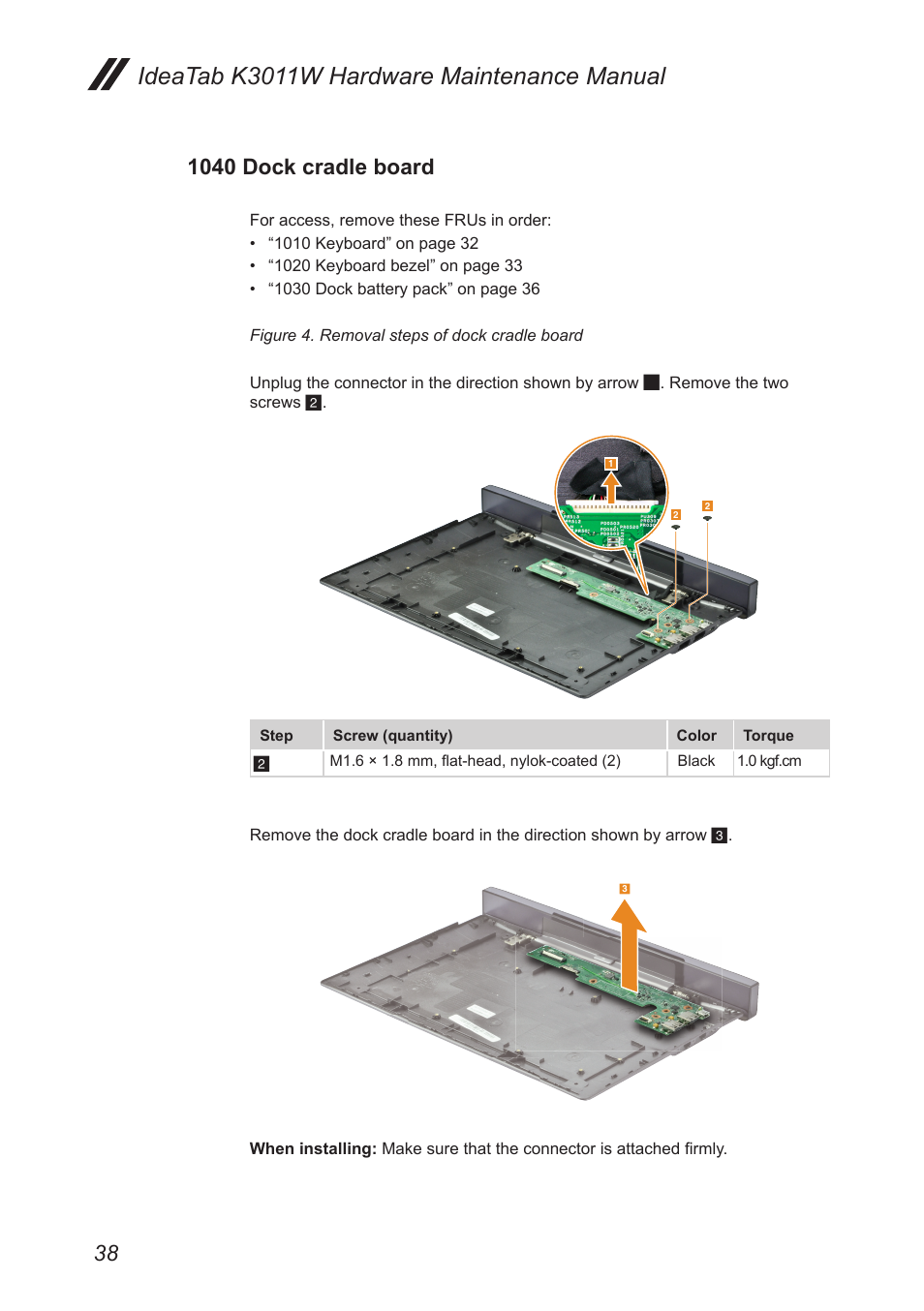 1040 dock cradle board, Ideatab k3011w hardware maintenance manual | Lenovo IdeaTab Lynx K3011W User Manual | Page 42 / 64