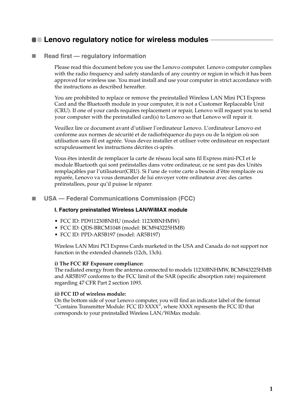 Lenovo regulatory notice for wireless modules | Lenovo IdeaPad U300e User Manual | Page 2 / 21