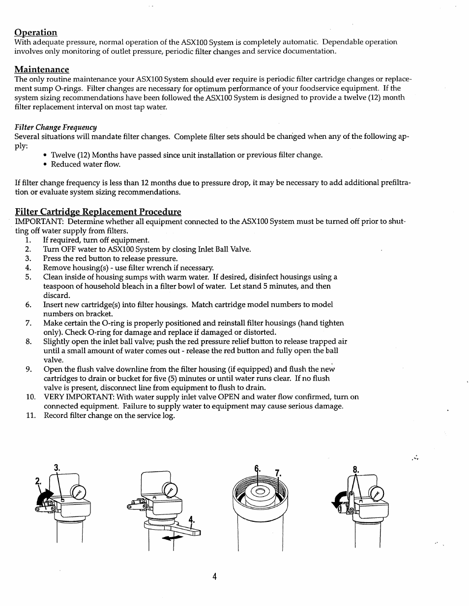 Operation, Maintenance, Filter cartridge replacement procedure | Amerec ASX100 User Manual | Page 4 / 5