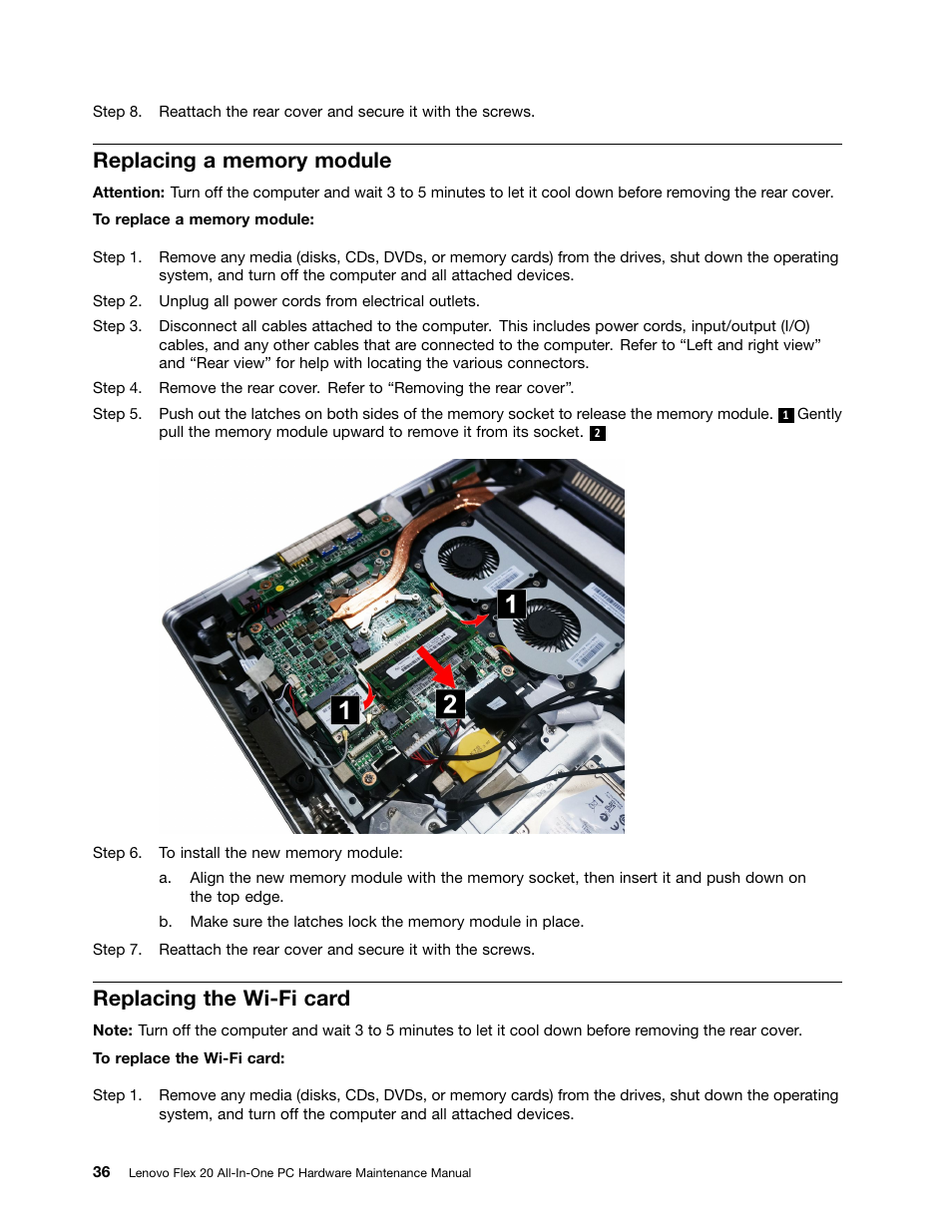 Replacing a memory module, Replacing the wi-fi card | Lenovo Flex 20 All-in-One IdeaCentre User Manual | Page 42 / 61