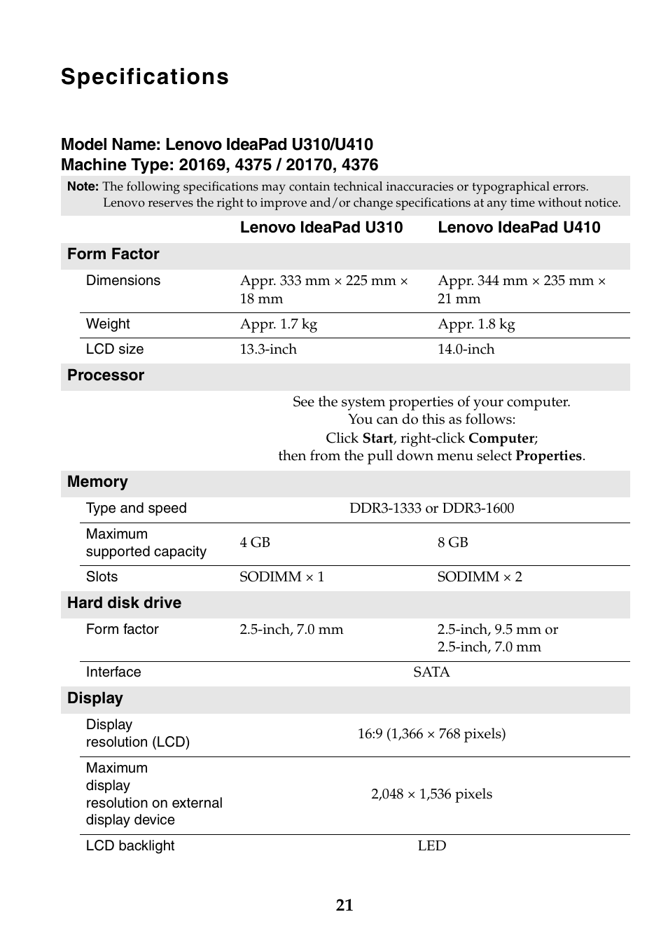 Specifications | Lenovo IdeaPad U310 User Manual | Page 21 / 24