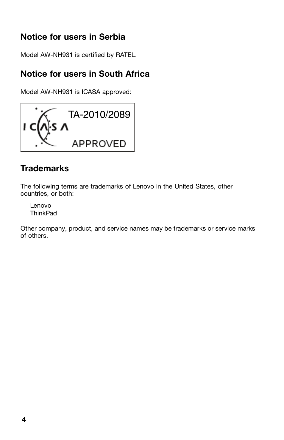 Notice for users in serbia, Notice for users in south africa, Trademarks | Lenovo ThinkPad Tablet User Manual | Page 4 / 6