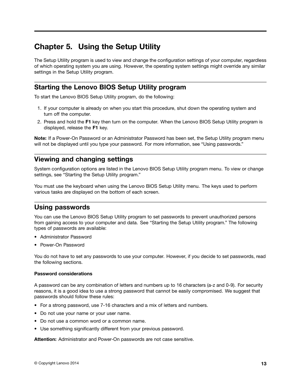 Chapter 5. using the setup utility, Starting the lenovo bios setup utility program, Viewing and changing settings | Using passwords | Lenovo B40-30 All-in-One User Manual | Page 19 / 63