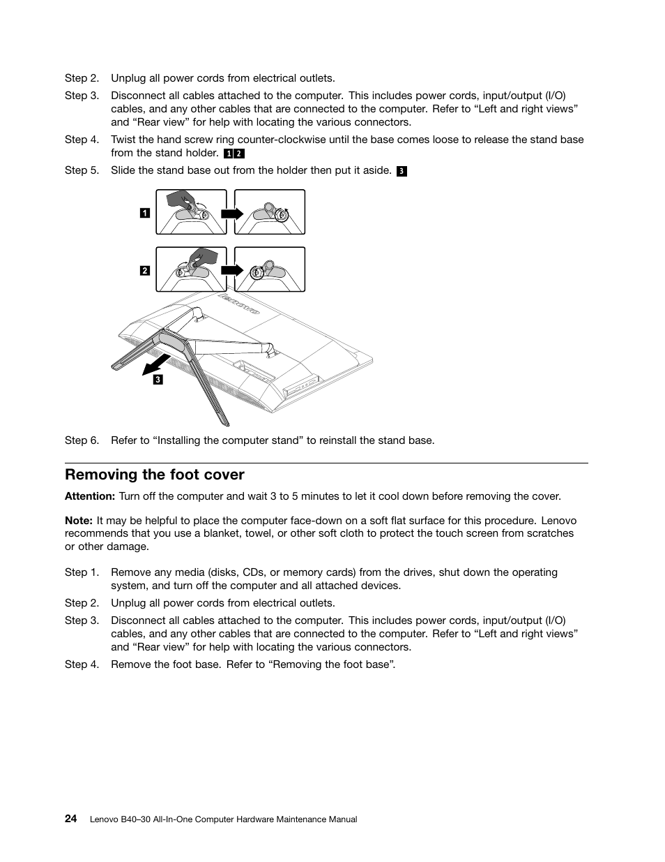 Removing the foot cover | Lenovo B40-30 All-in-One User Manual | Page 30 / 63