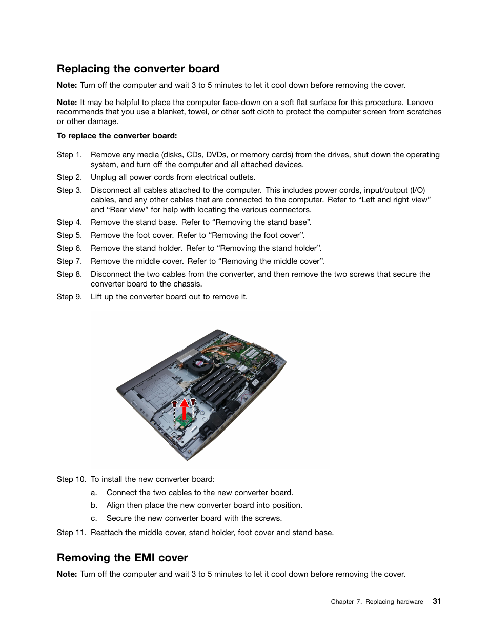 Replacing the converter board, Removing the emi cover | Lenovo B40-30 All-in-One User Manual | Page 37 / 63