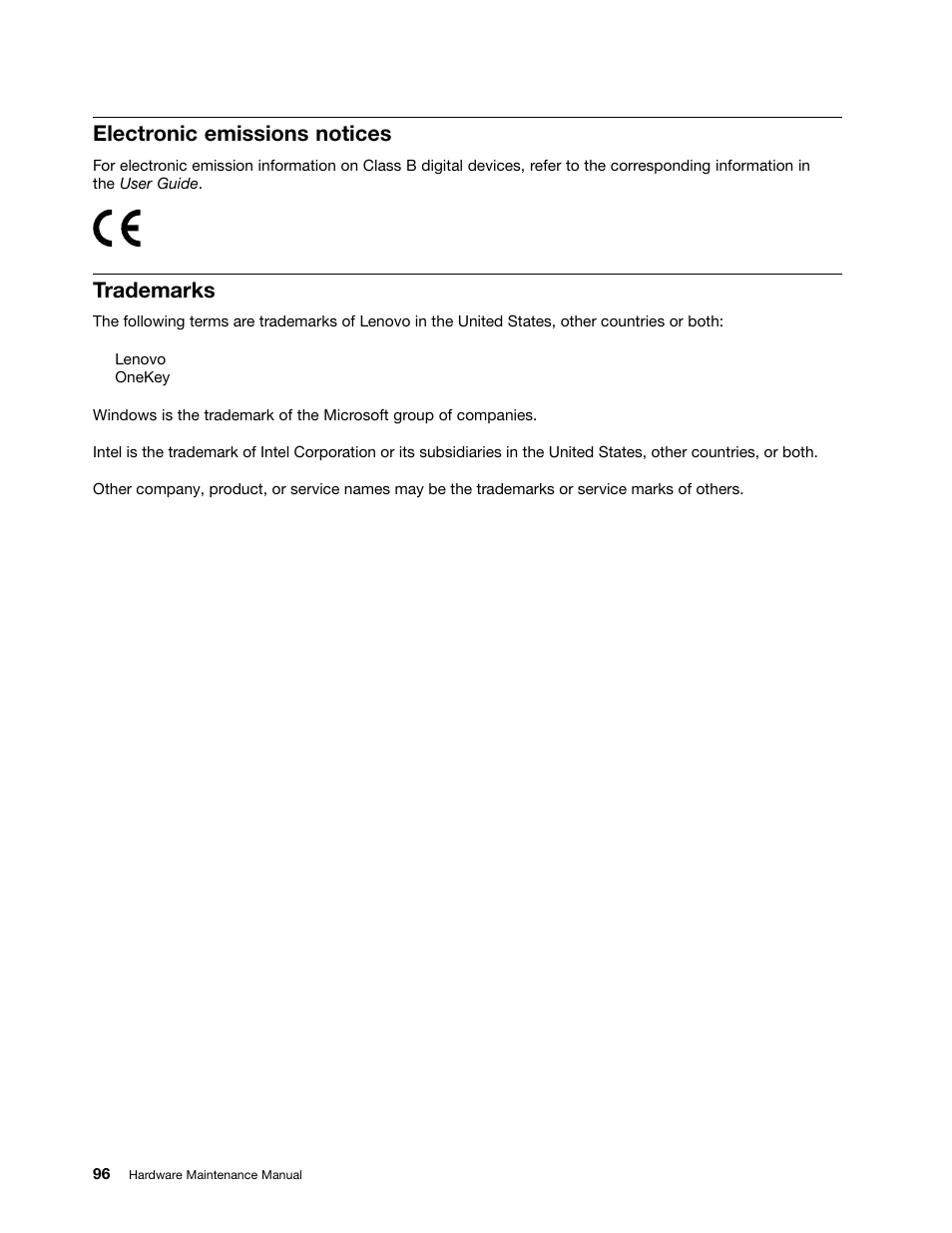 Electronic emissions notices, Trademarks | Lenovo B580 Notebook User Manual | Page 102 / 104