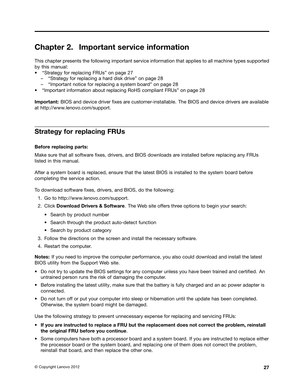Chapter 2. important service information, Strategy for replacing frus | Lenovo B580 Notebook User Manual | Page 33 / 104